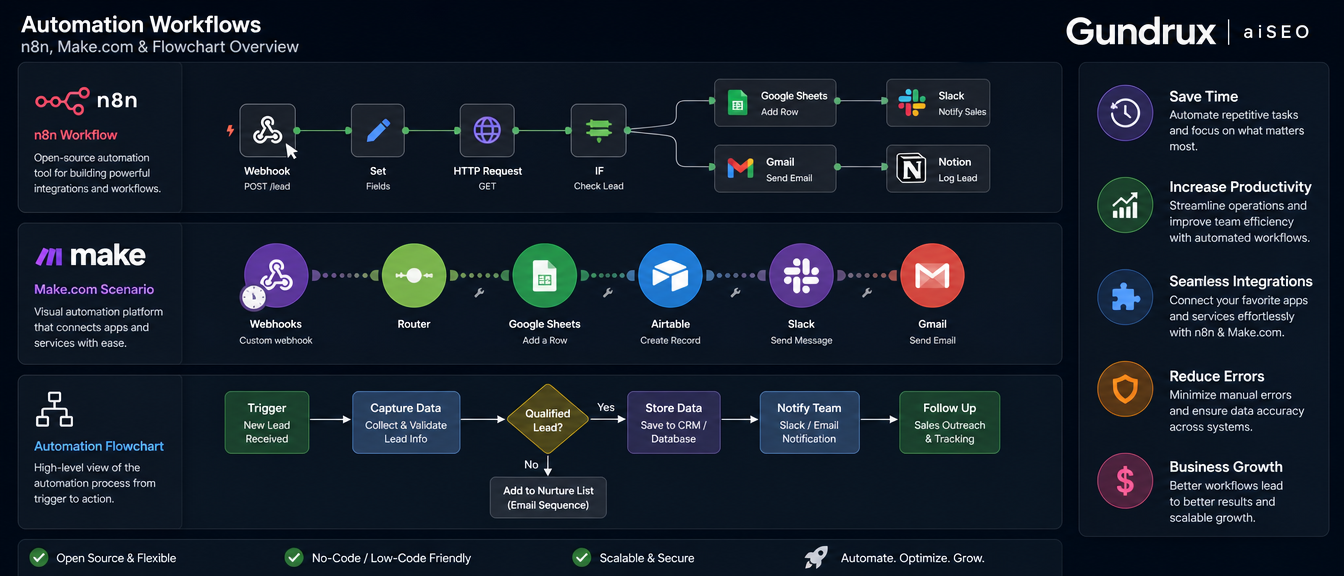 Gundrux AI automation system with n8n workflows and Make.com pipelines