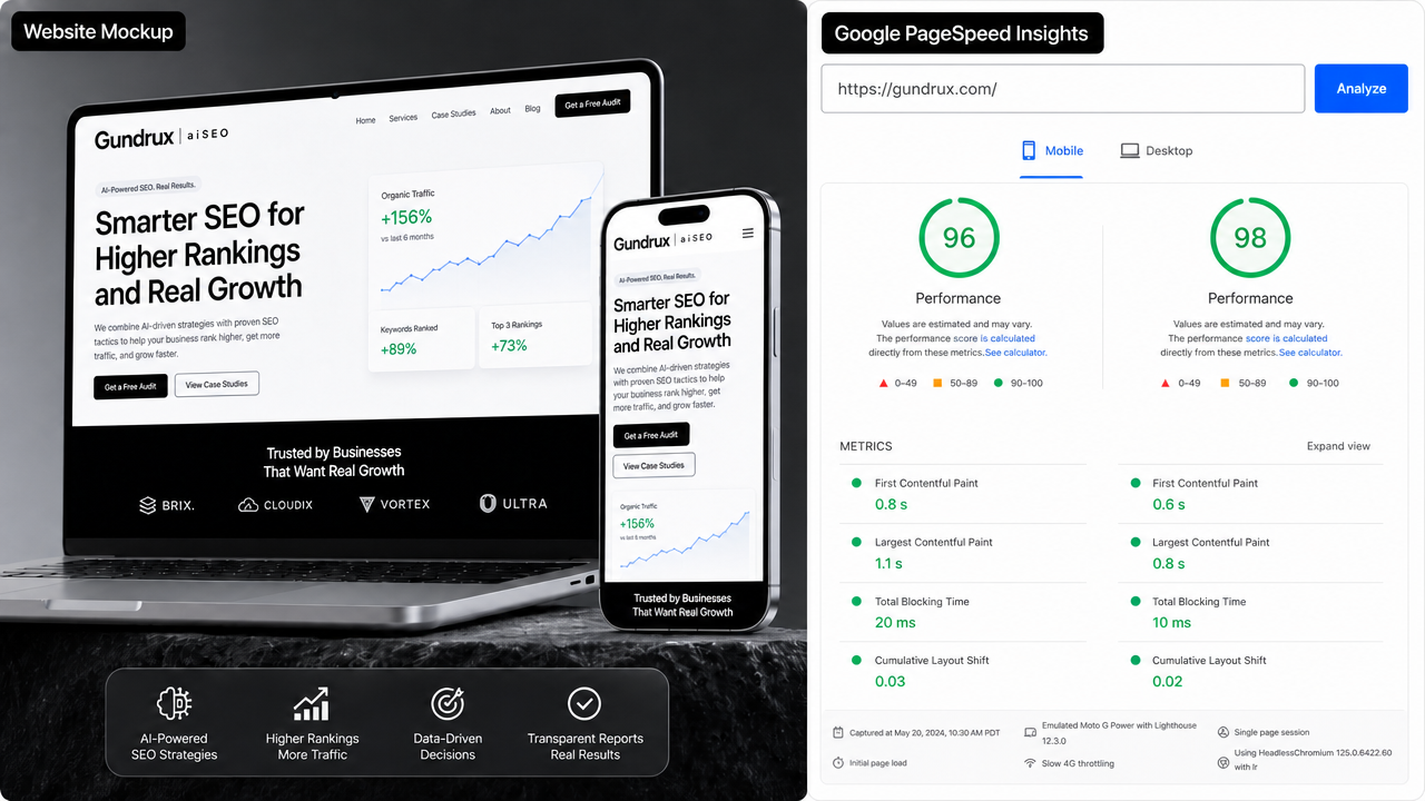Gundrux WordPress development showing Core Web Vitals and fast page speed